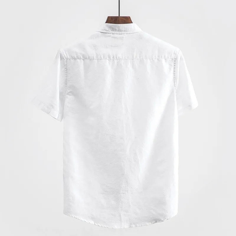 Men's loose fit short sleeve casual shirt in cotton blend fabric with a square collar.