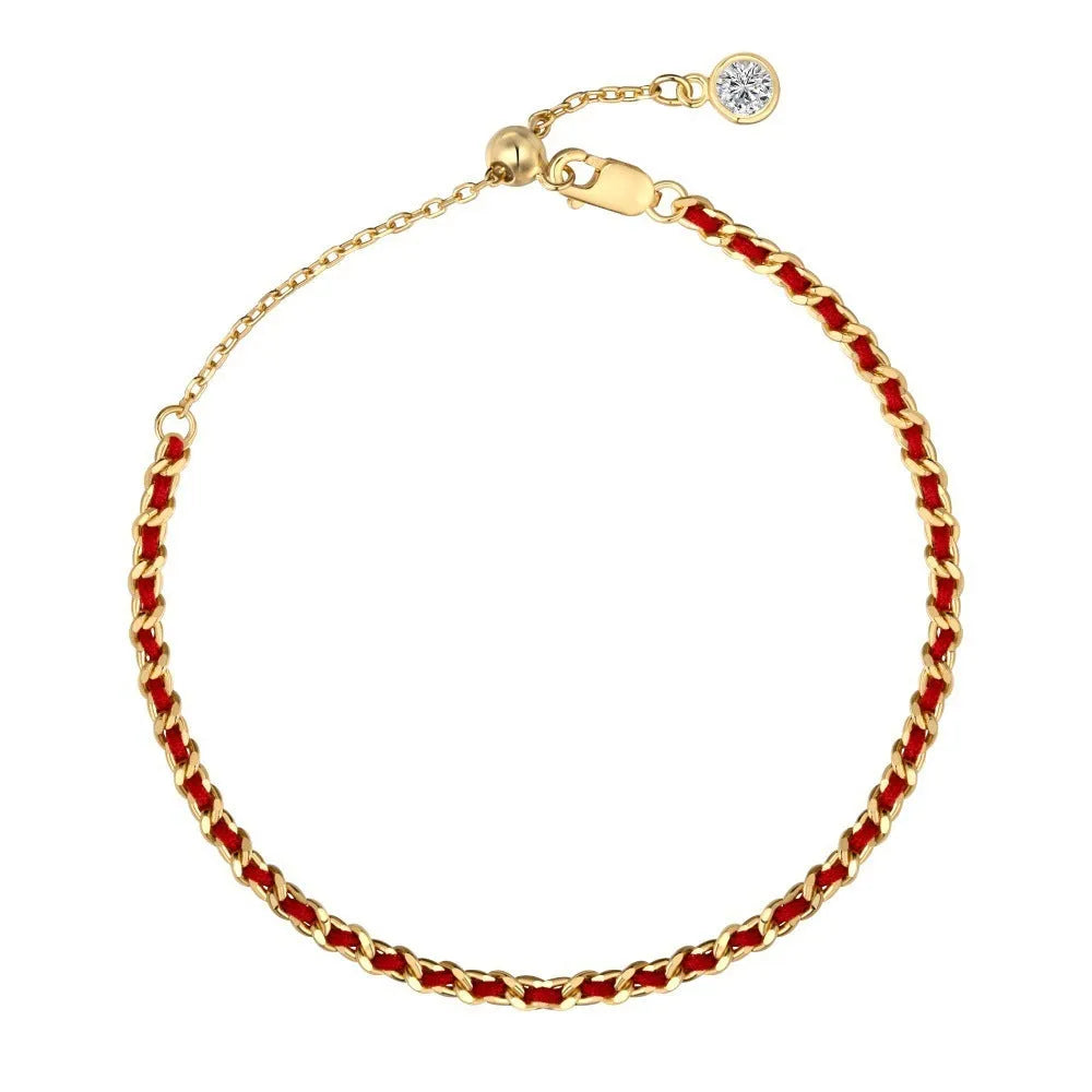Women's 925 sterling silver bracelet with red rope, gold electroplated finish, and geometric ring design