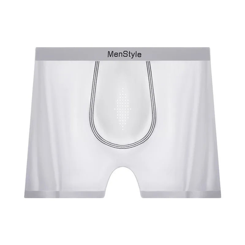 Men's seamless satin ice silk nylon boxers in mid waist cut, showing single-layer crotch detail.