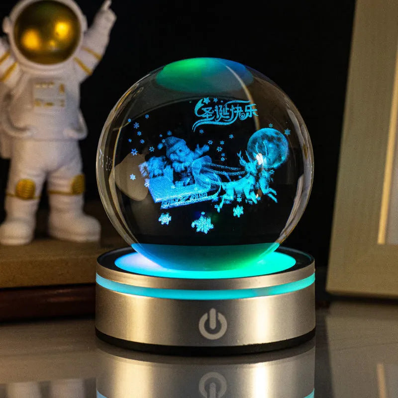 3D inner carving luminous crystal ball night lamp, 8cm white crystal, USB touch base