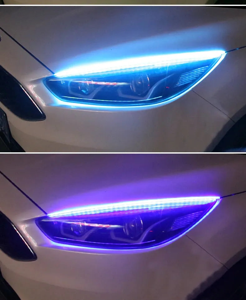 Remote control and RGB colour-changing universal LED daytime running light strip in 30cm, 45cm, 60cm sizes.