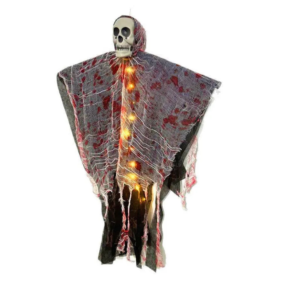 Halloween hanging ghost ornament with a blood-dyed luminous skull, made from plastic.