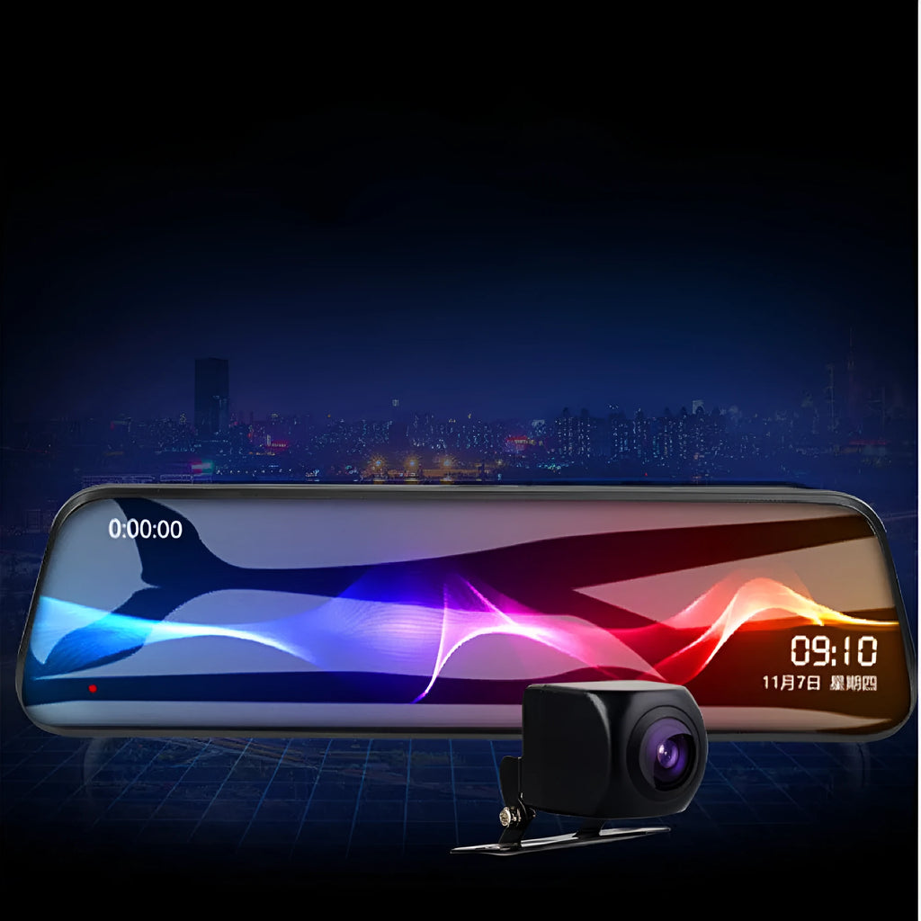10-inch streaming dashcam rearview mirror with dual lens, anti-glare blue mirror, and touch IPS screen