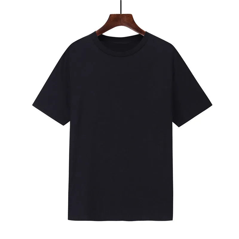 Men's loose fit short sleeve cotton T-shirt shown in multiple colour options on a size chart background.