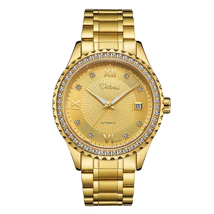 Men's gold automatic mechanical watch with luminous hands on a black dial, showing a 13mm thick waterproof case.