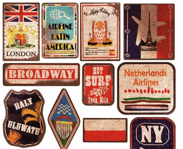 36 retro beach stickers pack with PVC matte film covering showing surfing travel designs