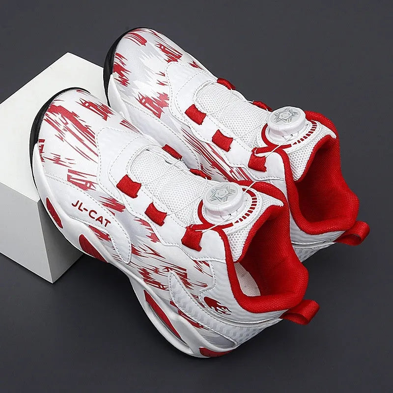 Children's rotating button fastening basketball shoes in black, pink, white & purple, and white blue.