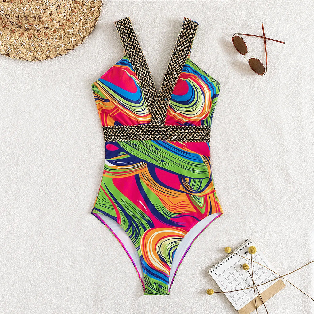 Women's deep V-neck one-piece swimsuit with spaghetti straps in polyester fabric