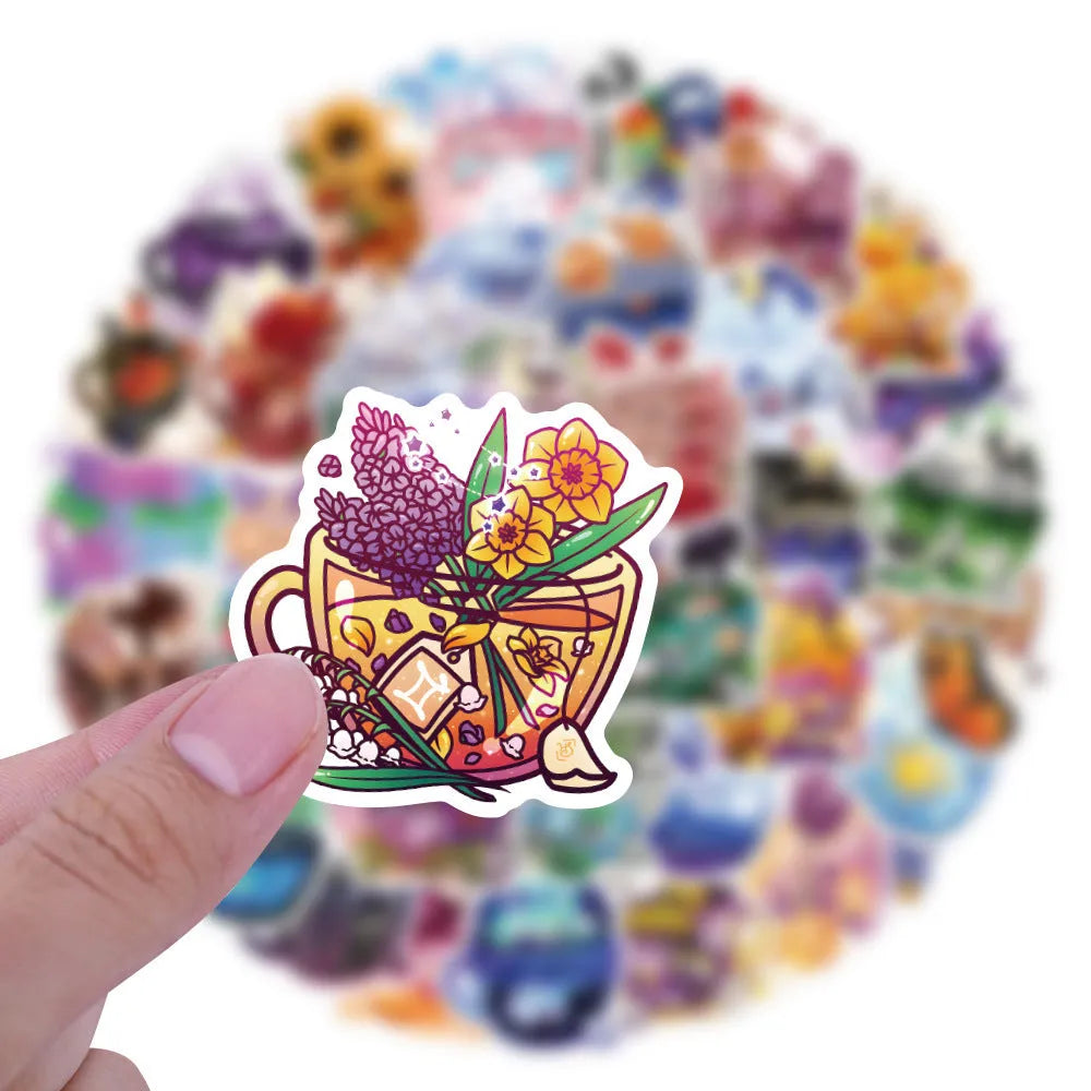 Pack of 50 colourful tea cup graffiti design waterproof stickers for DIY scooter and luggage customisation.