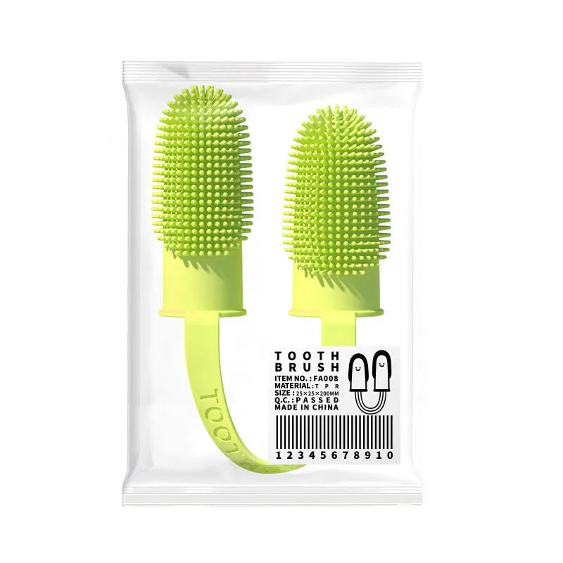 TPR double finger dog toothbrush set in pink, blue green and grass yellow colours for canine dental care