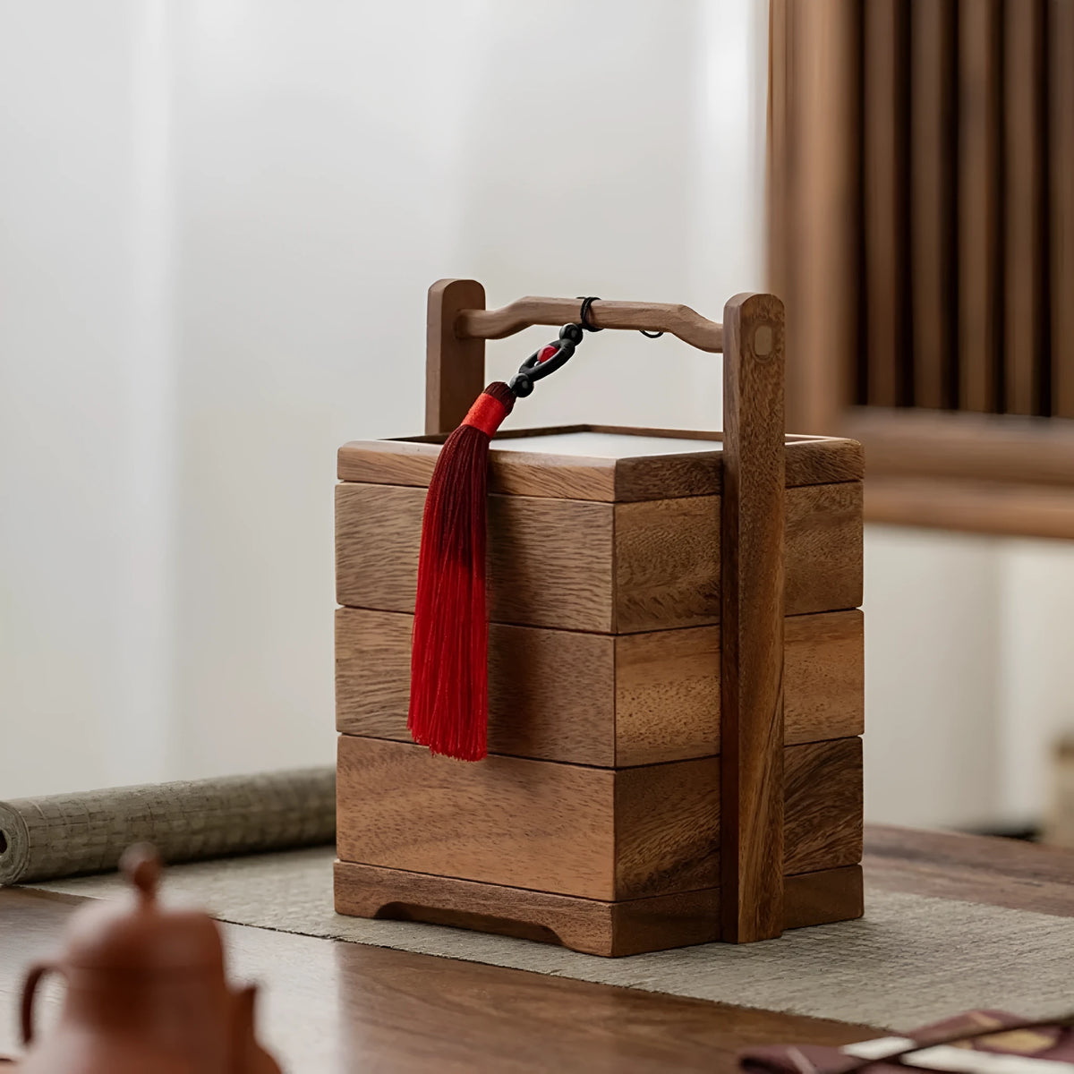 Solid wood snack candy tray in burlywood with multi-grid options and cover