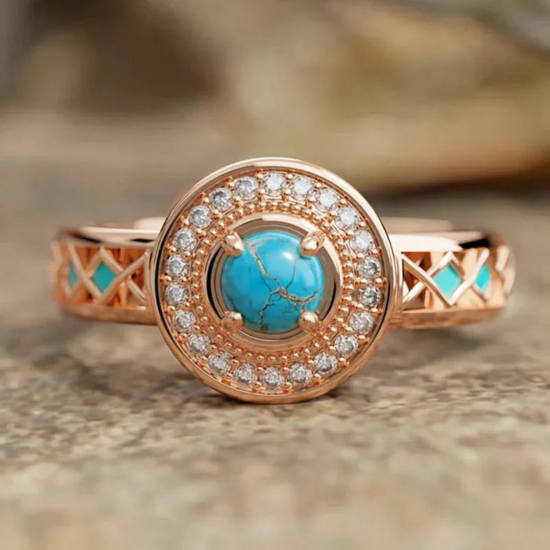 Women's turquoise ethnic style geometric copper ring with oil micro inlaid zircon and rose gold colour