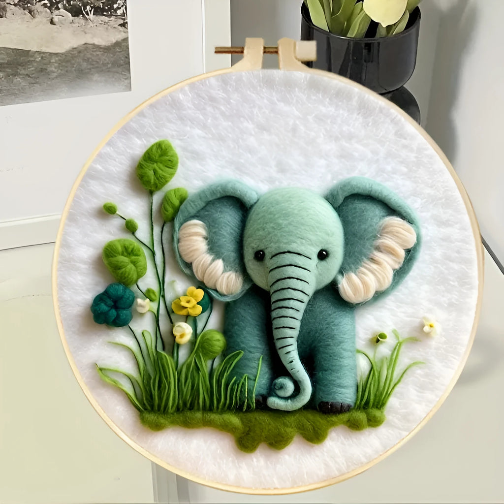 Round linen embroidery frame with wool felt floral decoration kit for three-dimensional wall art