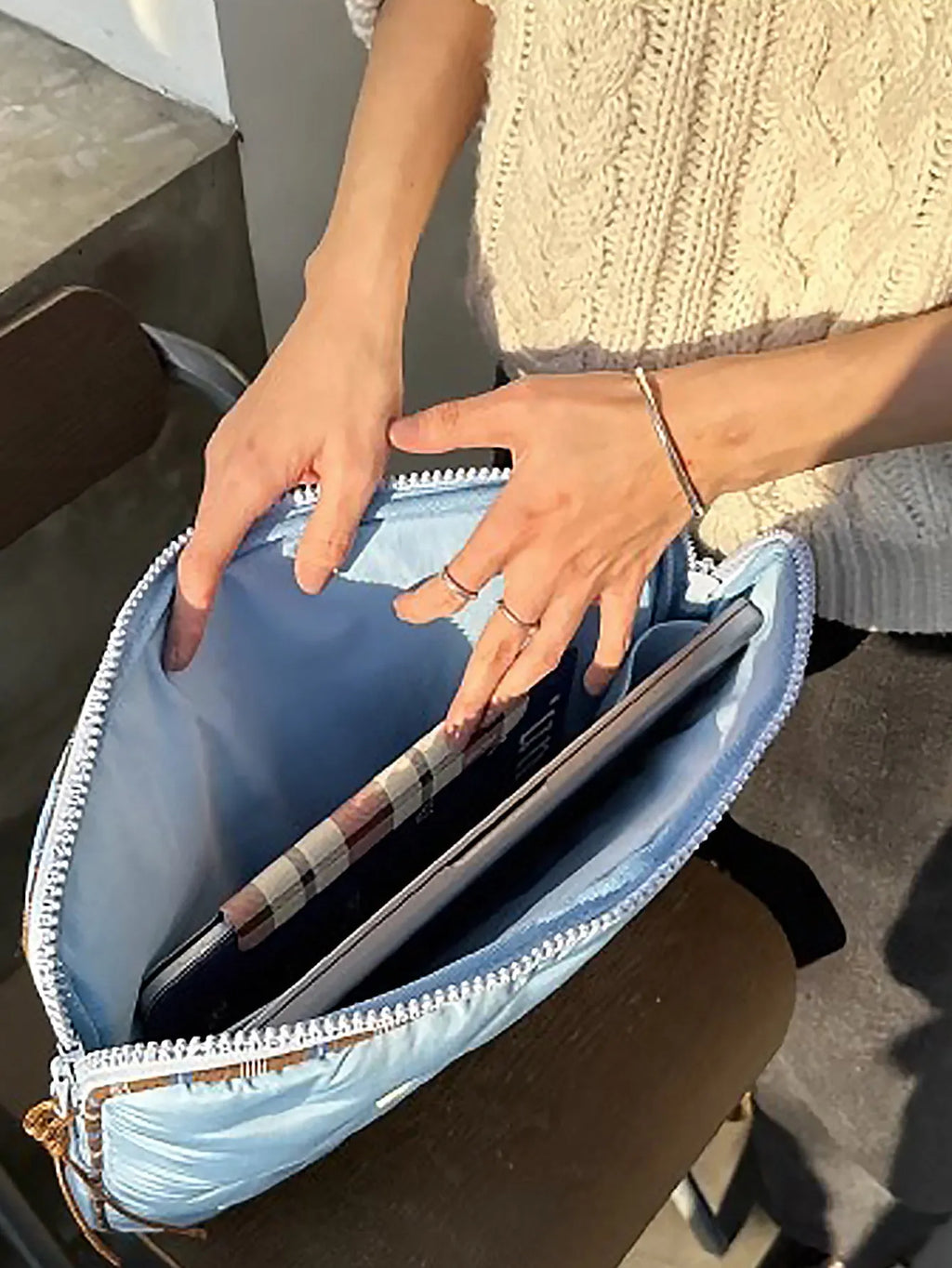 Blue and citrus plaid nylon laptop sleeve bag for 13.3 to 16 inch computers.