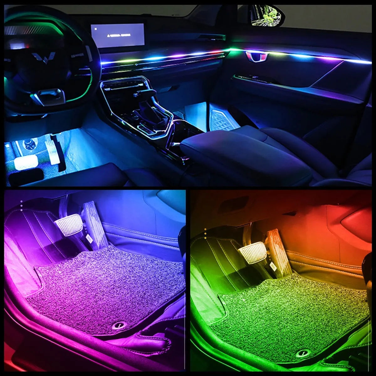 Car interior ambient light kit with USB 5V connection, app and remote control, and 110cm strip