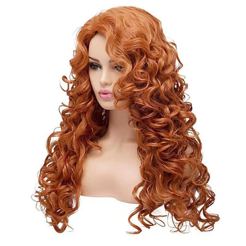 Brown long wavy curly wig with instant noodles fluffy texture on display head
