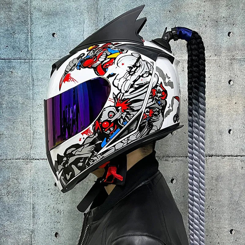 Couples' dirty braids full-face motorcycle helmet in Black Clown design, showing ABS shell.