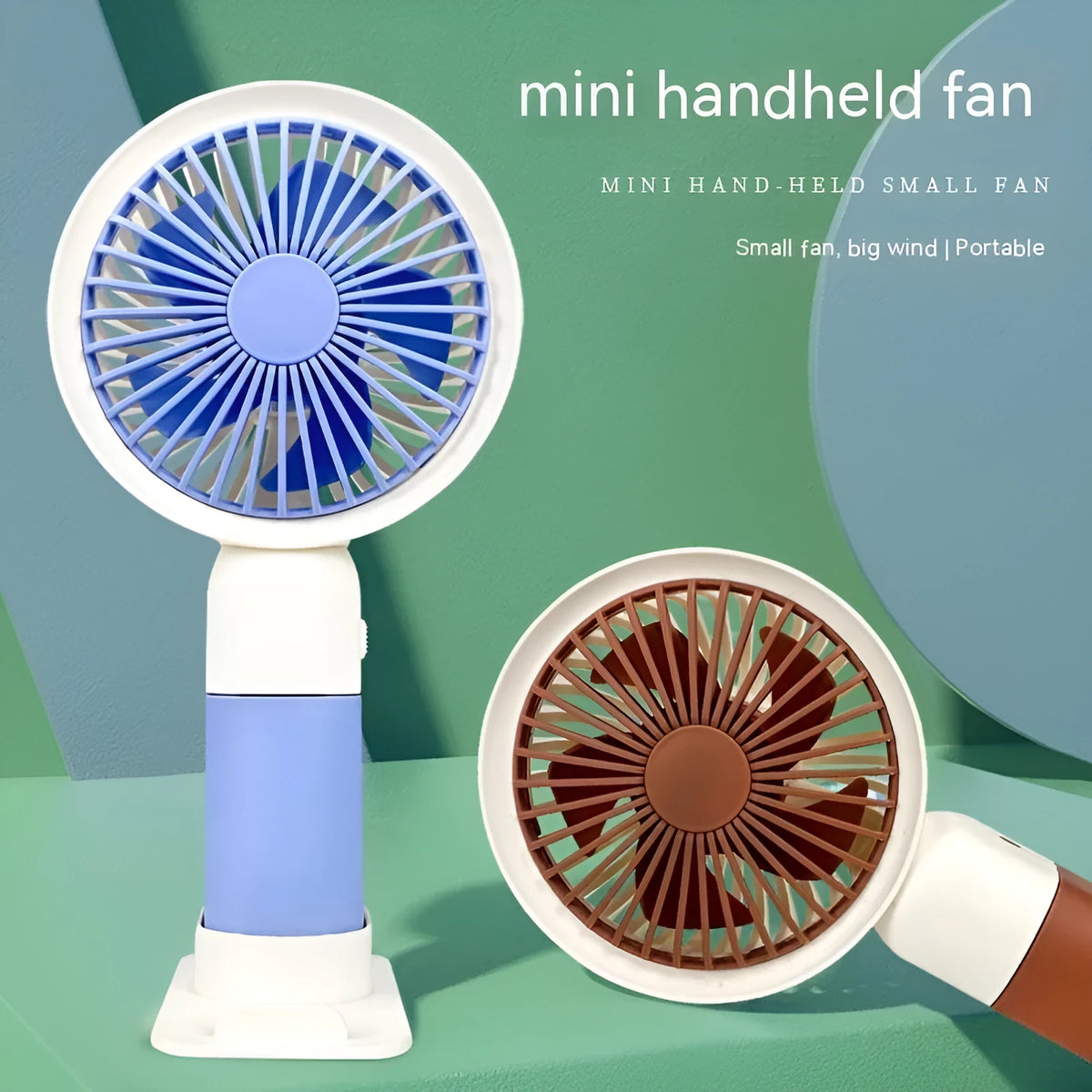 Handheld mini fan with phone holder, 16x8x6cm, five plastic blades, available in brown, pink, or blue.