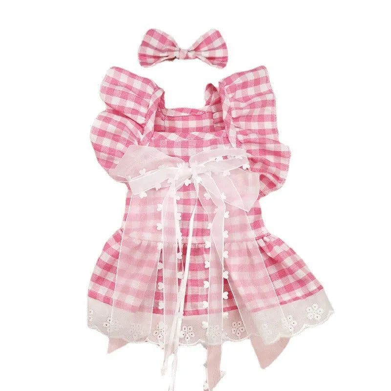 Dog skirt set with lace trim and bow necklace in black daisy, pink daisy, or pink plaid bow, sizes XS to XL