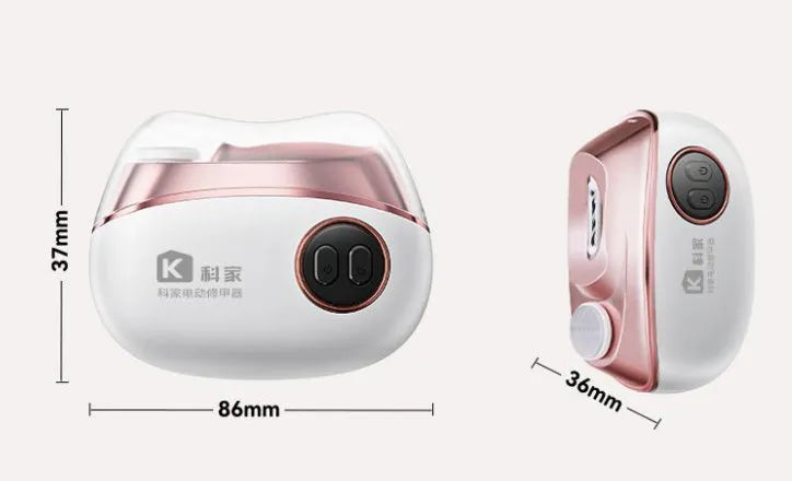 Blue, orange, and white electric nail clipper and polisher two-in-one device with USB charging cable and cleaning brush.