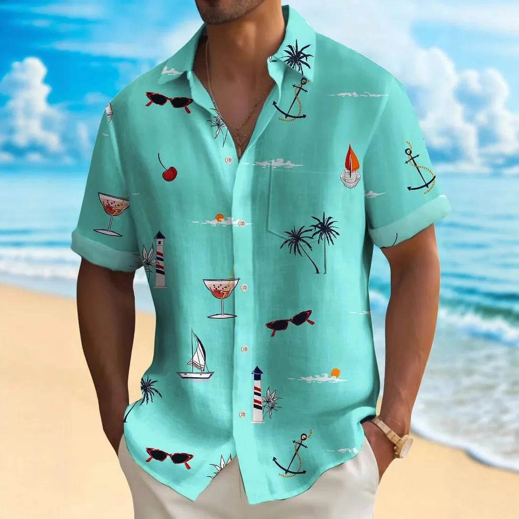 Man wearing a loose-fit short-sleeve Hawaiian shirt with a digital print pattern.