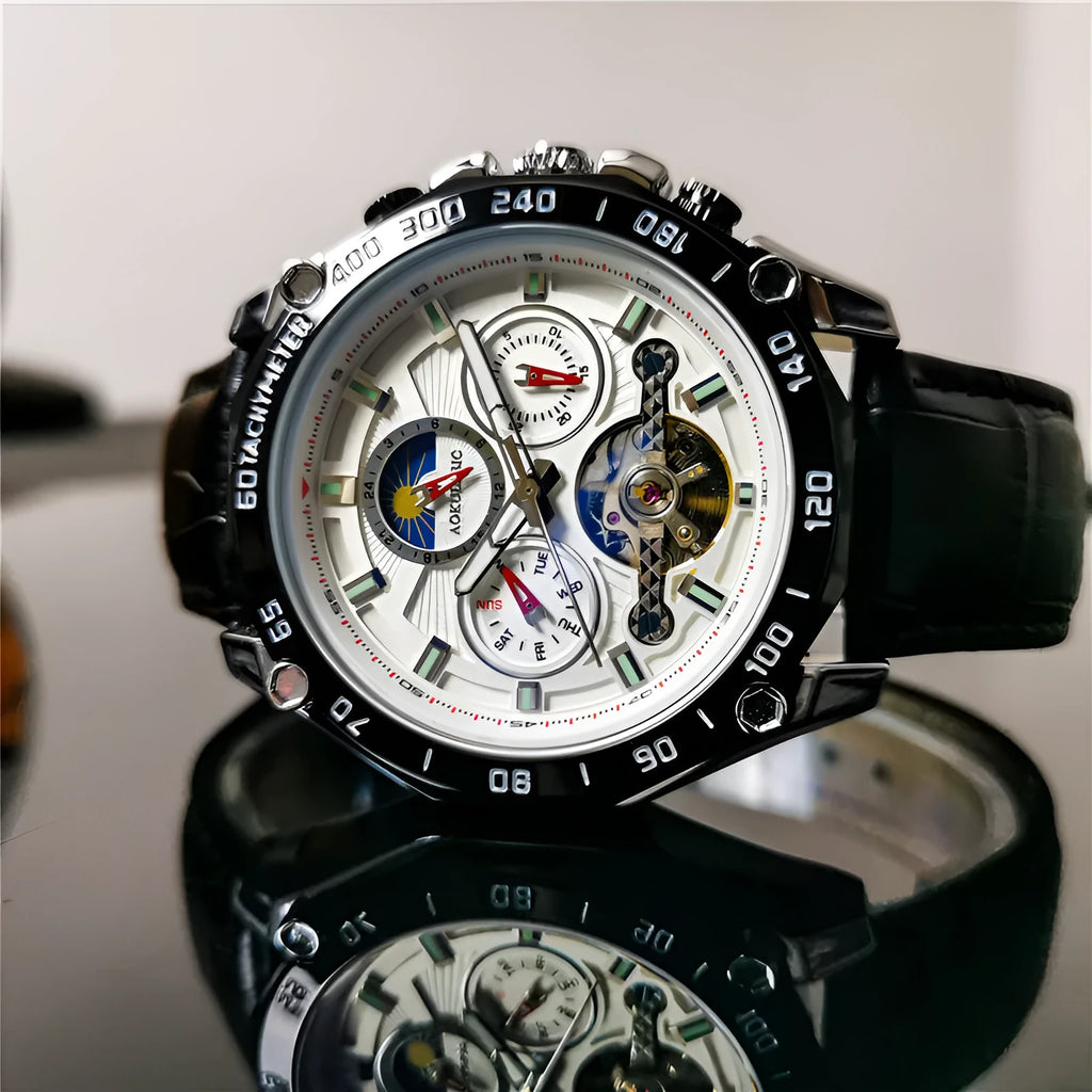 Men's automatic mechanical watch with a 12mm thick case shown in various colour combinations including silver and black.