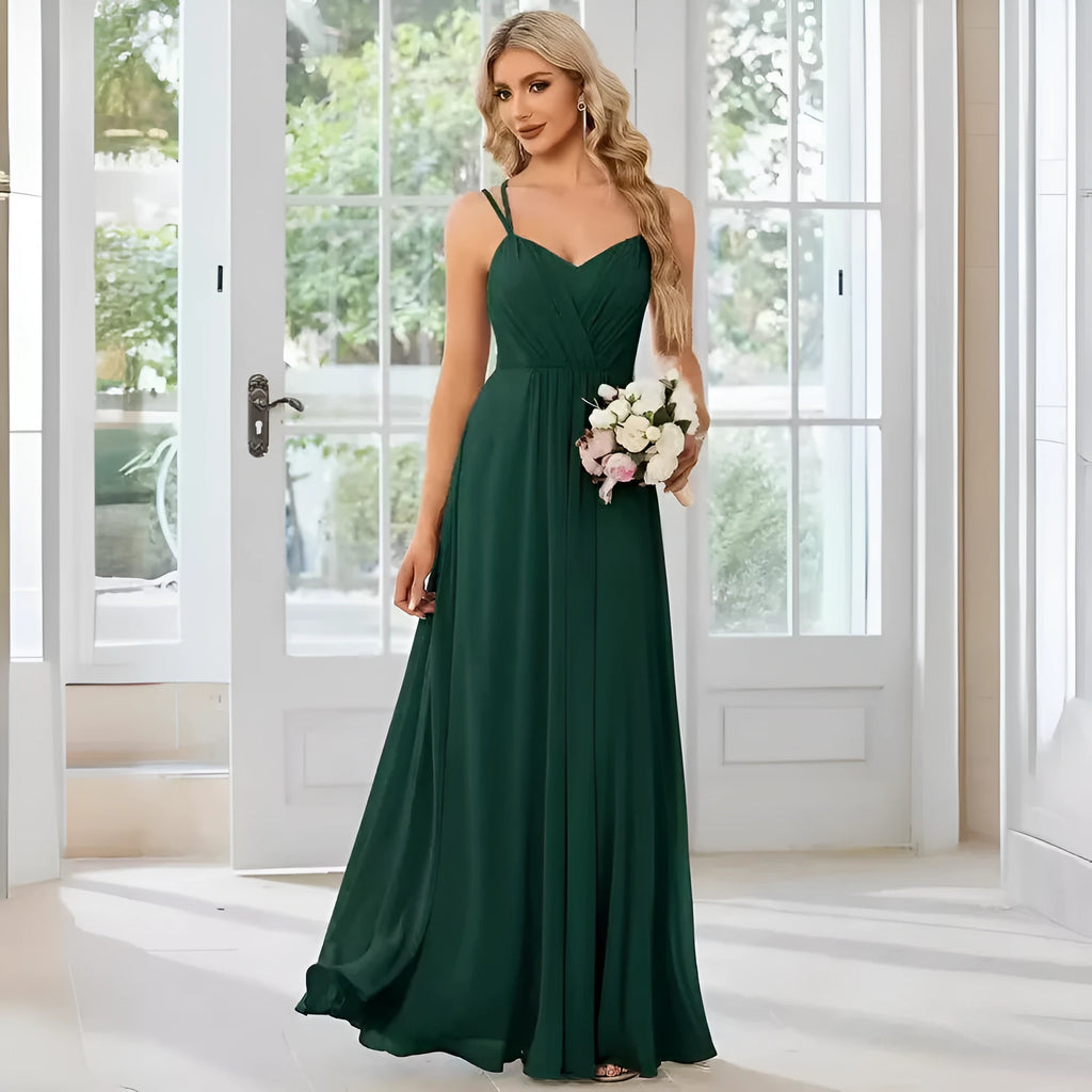 Women's long pleated sleeveless A-line dress in light green solid colour