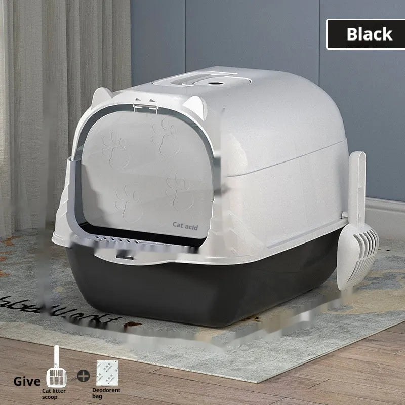 Oversized enclosed cat litter box in grey PP plastic with high sides and privacy top
