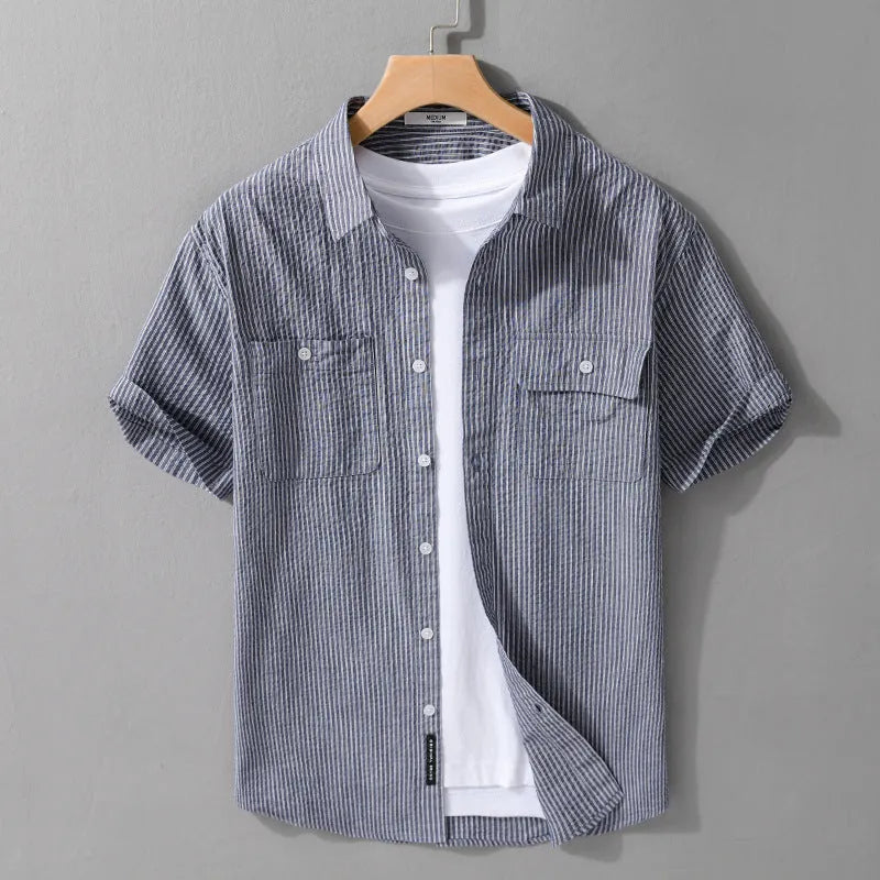 Men's short sleeve loose fit cotton shirt in white, green, and blue for summer
