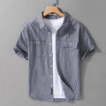Men's short sleeve loose fit cotton shirt in white, green, and blue for summer