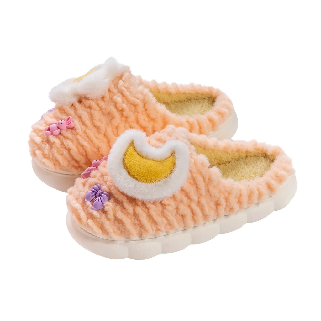 Women's light blue animal pattern fleece-lined home slippers with round toe holder and decorative flowers