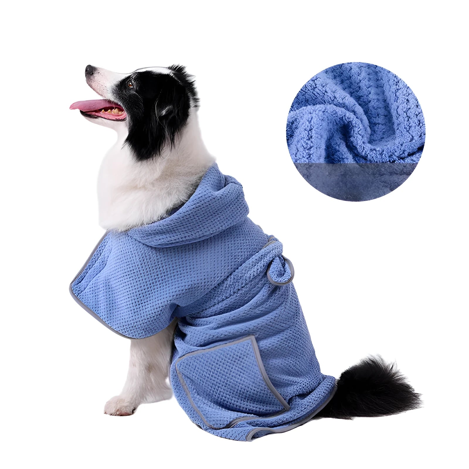 Blue adjustable dog bath robe towel drying a golden retriever after a bath.