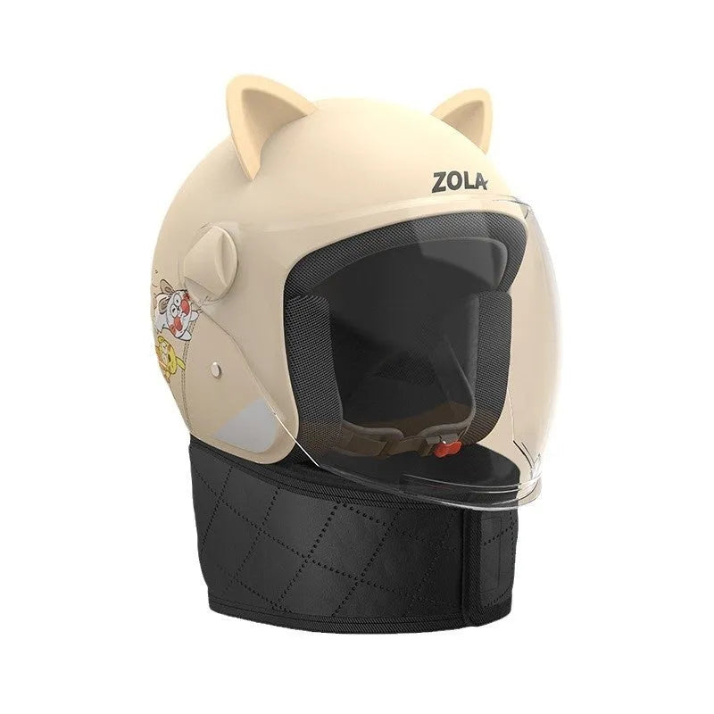 Blown Away winter cycling helmet with attached fleece scarf and clear anti-fog visor on a handlebar.