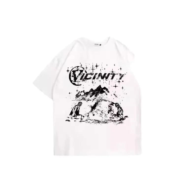 Men's hip hop print retro T-shirt on hanger, showing graphic design and polyester fabric.