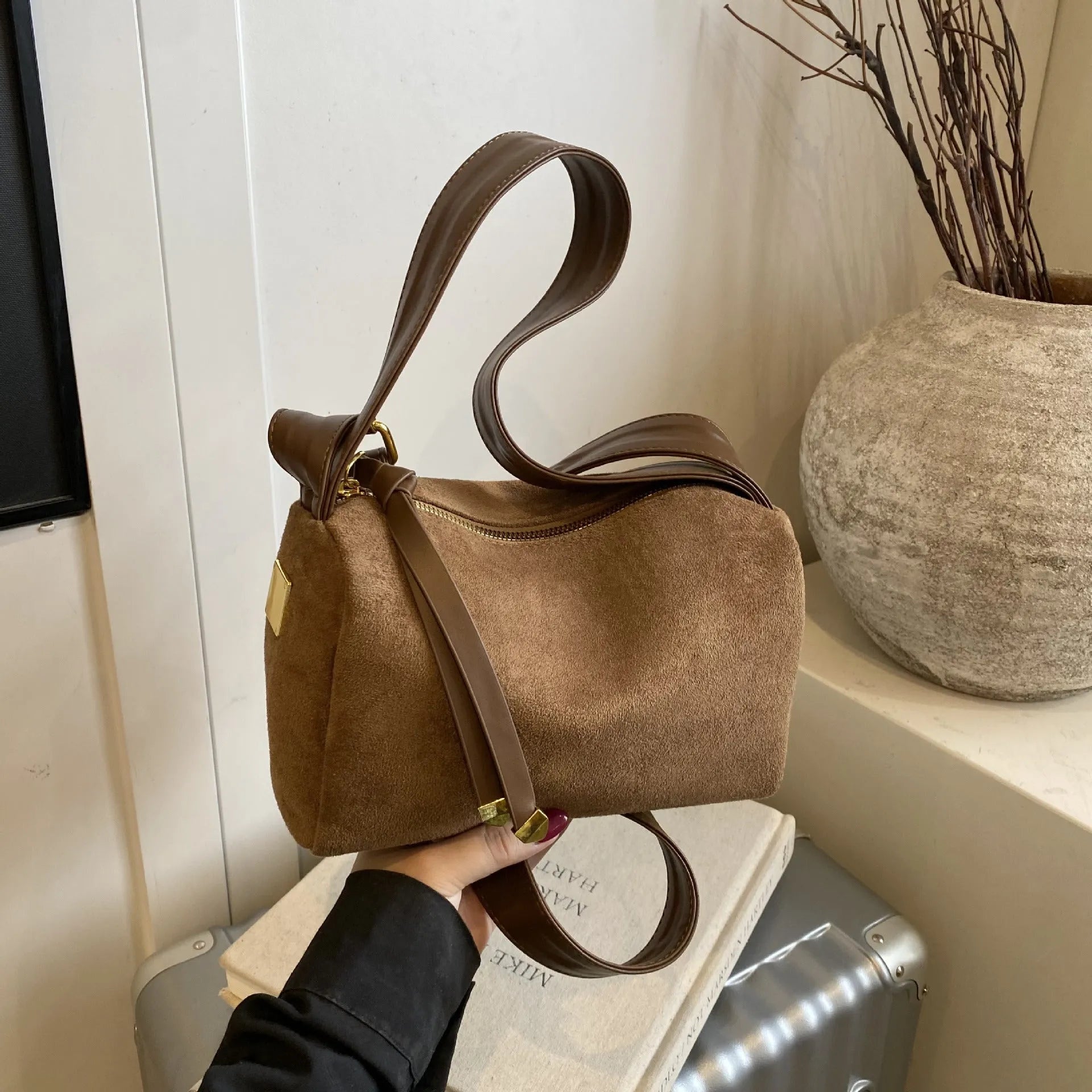 Women's vintage suede PU underarm bag with stitching, clamshell design, in black brown coffee and khaki colours