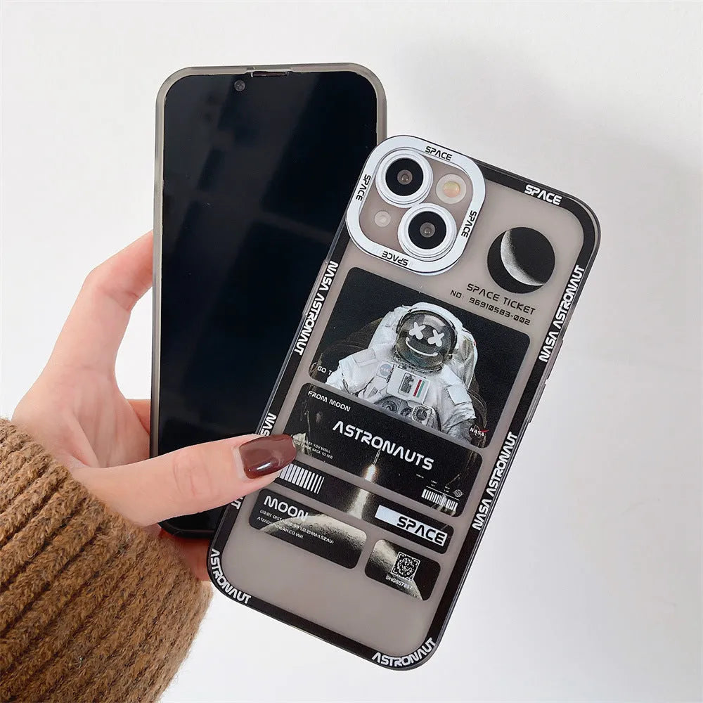 Blue and black graffiti space astronaut design on a silicone iPhone case for iPhone 13.