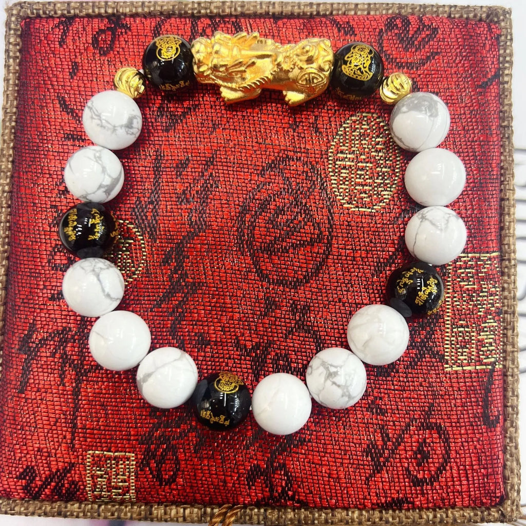 Vintage white turquoise and black agate couple bracelet with adjustable 15-17cm length
