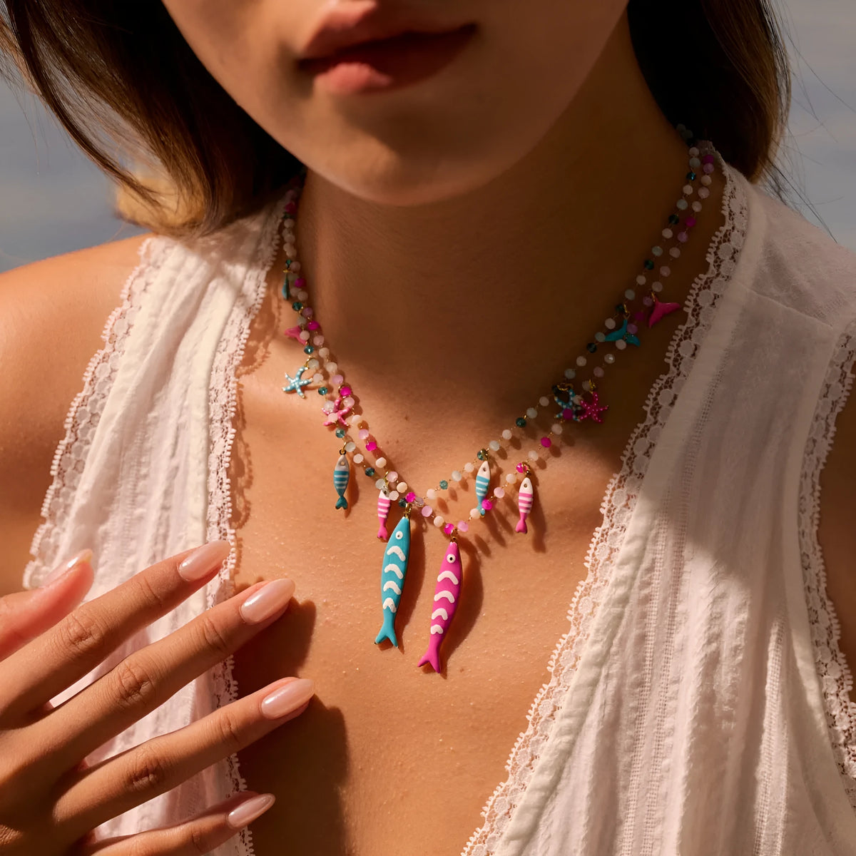 Vacation style beaded oil dripping fish stainless steel necklace with 18K electroplating, pink colour, adjustable chain