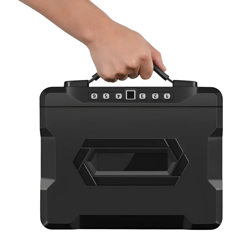 Portable small safe box with a mechanical dial combination lock on the front.