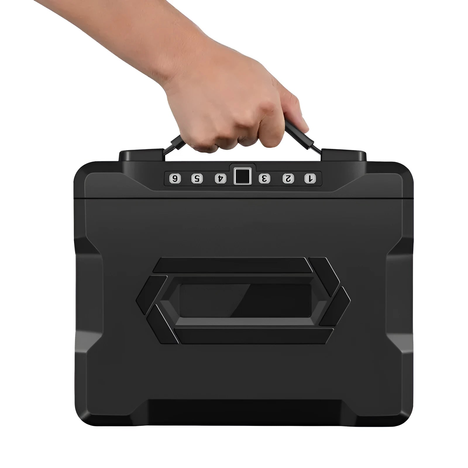 Portable small safe box with a mechanical dial combination lock on the front.