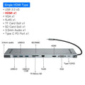 Grey aluminium alloy ten-port docking station hub with cooling bracket showing HDMI, VGA and USB ports