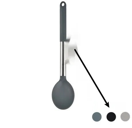12-piece black silicone kitchen utensil set including spatula, spoon, and claw tools in a rotating storage bucket on a kitchen counter.