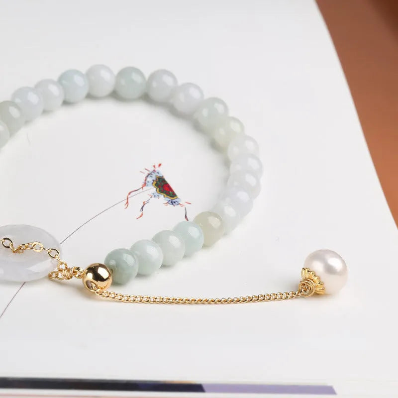 Jade green pearl bracelet with peace buckle fastening and round geometric pendant for women