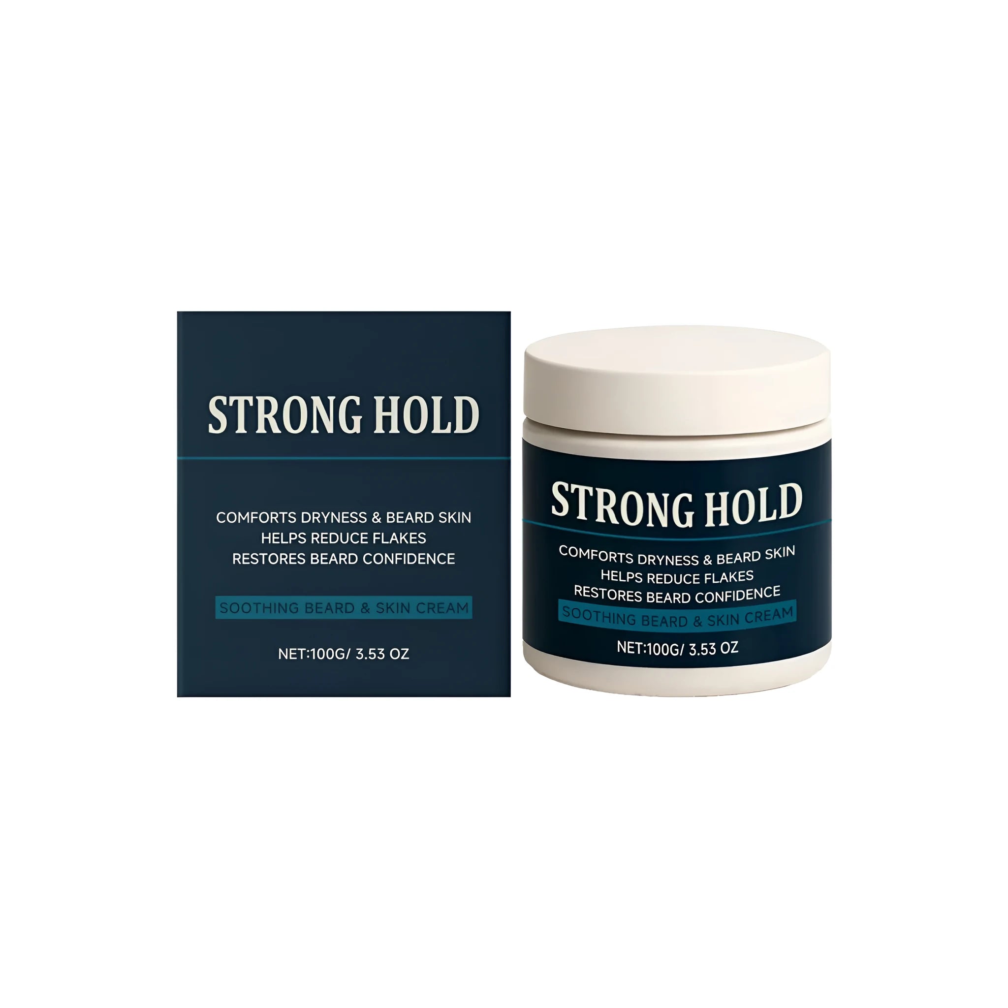 Soothing Beard Skin Cream 100g in a white tub with blue label, containing moisturising cream with vitamin E