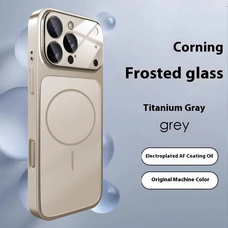 Frosted tempered glass magnetic phone case for iPhone, shown in titanium grey colour.