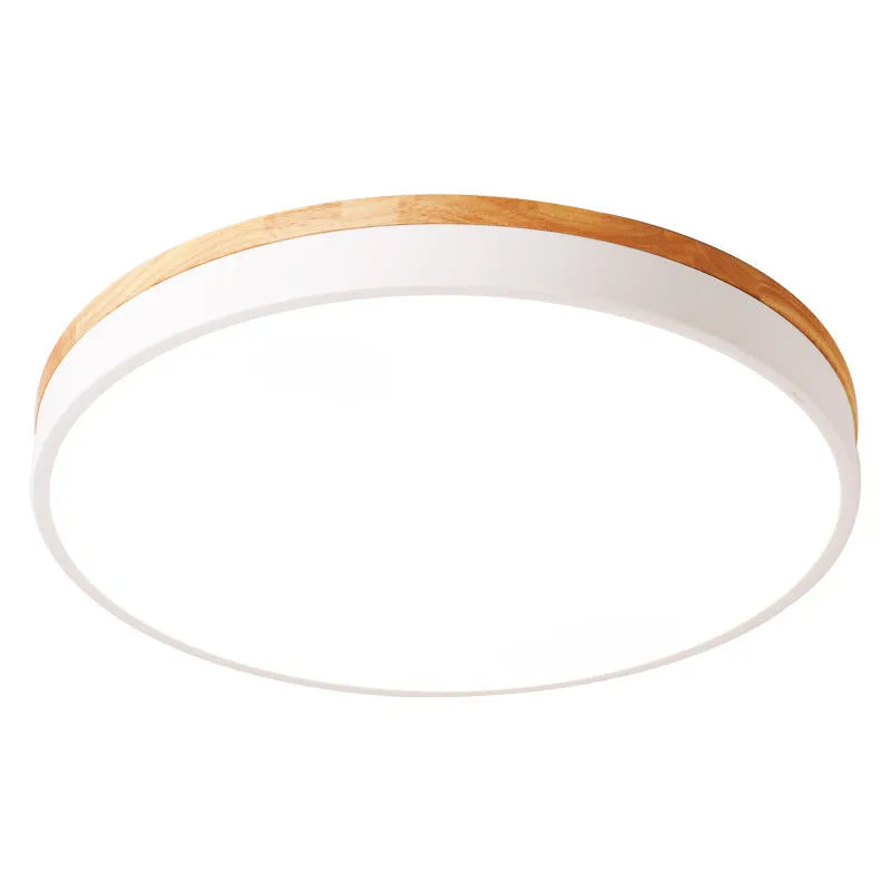 Round Nordic style ceiling lamp with solid wood and iron frame, white acrylic diffuser, shown in a living room setting.