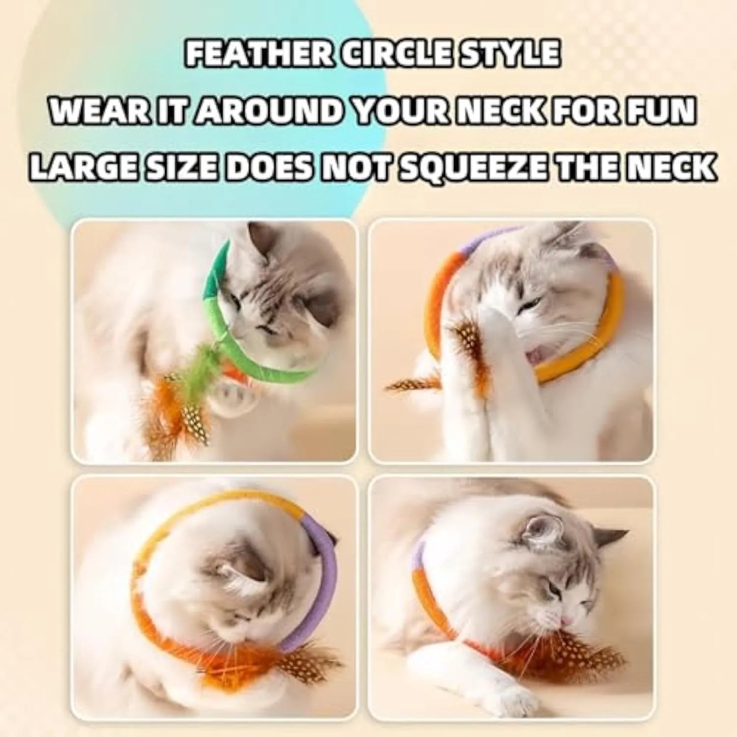 Green circular cotton rope cat toy with white feather attachments