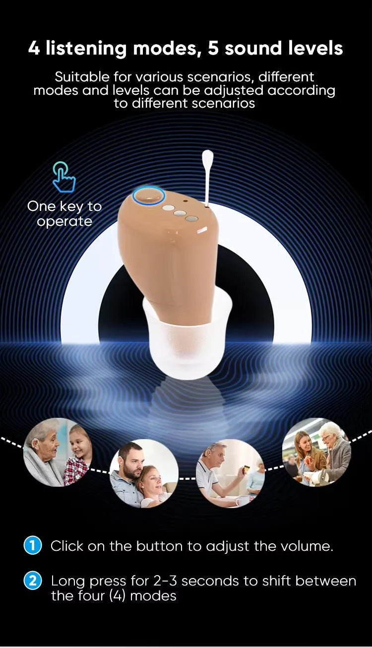 Skin colour 16-channel digital hearing aid with USB power and 12+ hour battery life