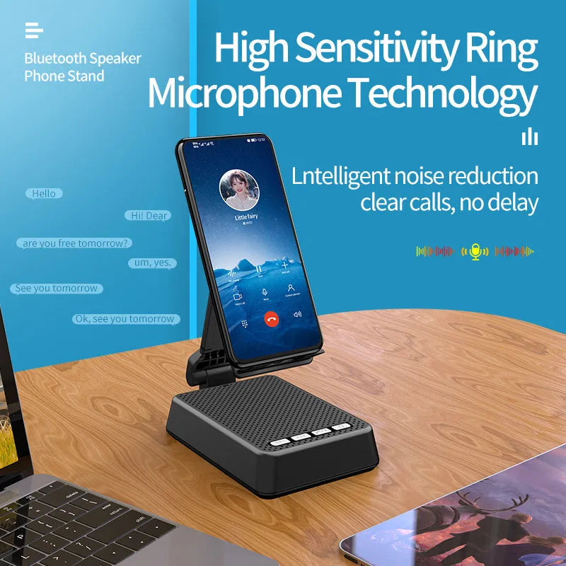 Black mobile phone desk stand with integrated Bluetooth speaker and microphone for live streaming