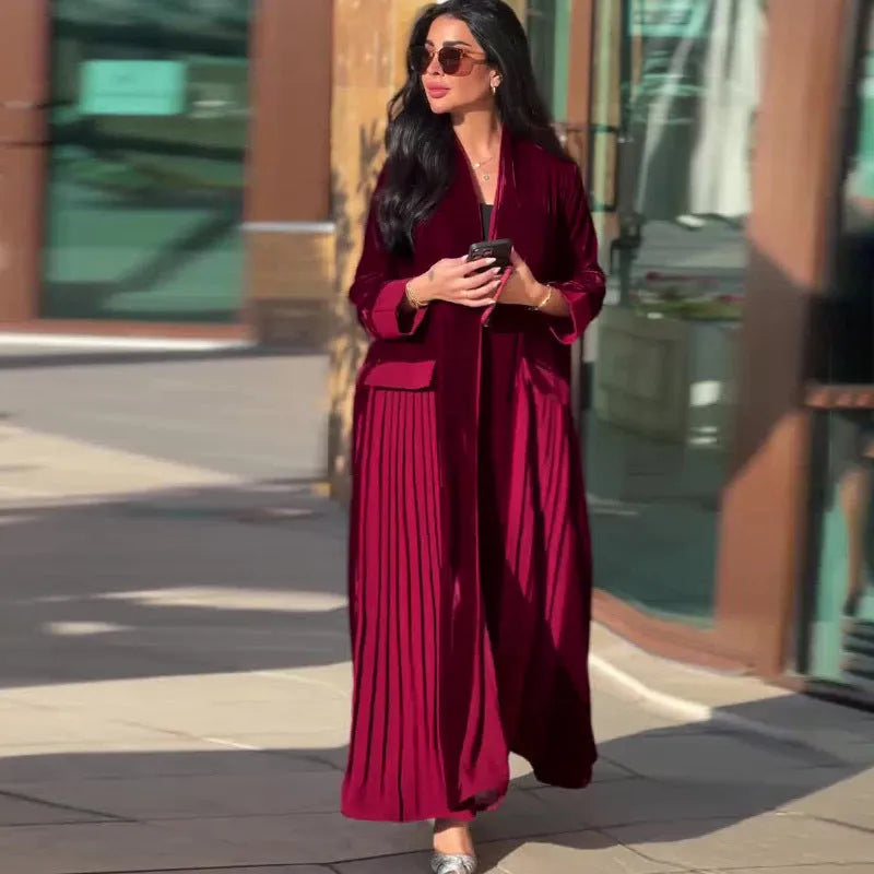 Women's pleated stitching polyester long sleeve coat in wine red, street hipster style